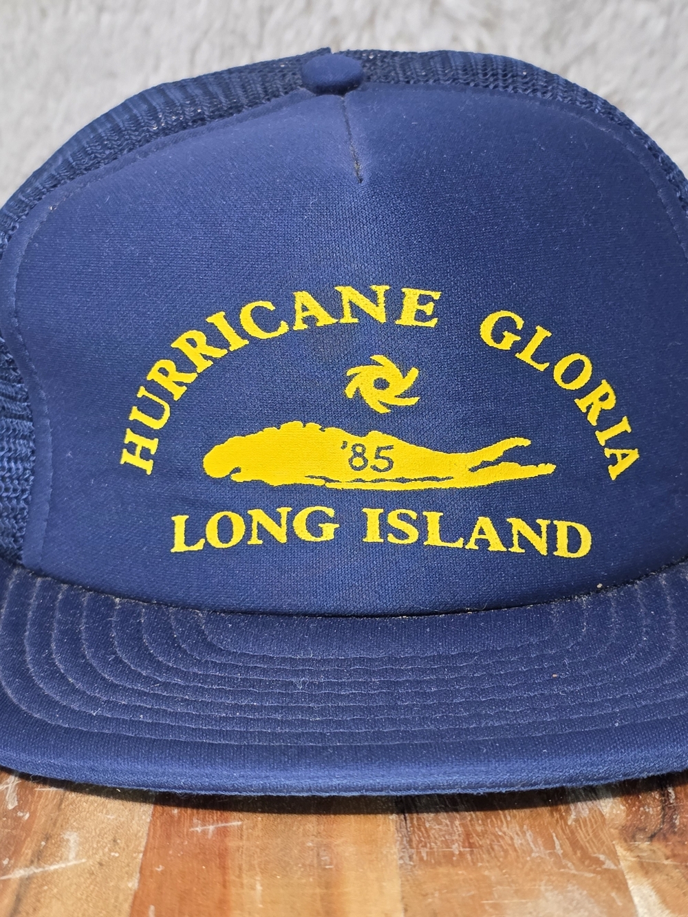 Vintage 1985Hurricane Gloria '85 Long Island Vintage Trucker Hat - Navy & Yellow